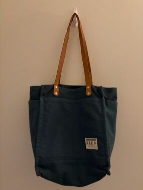 FEED Canvas Tote Bag in Deep Teal with Tan Straps
